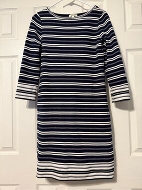 Max Studio Navy and White Striped Boatneck Midi Dress